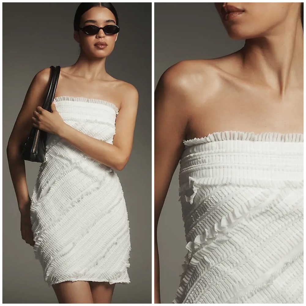 Anthropologie Endless Rose Strapless Textured Fitted Mini Dress in White L NWT
